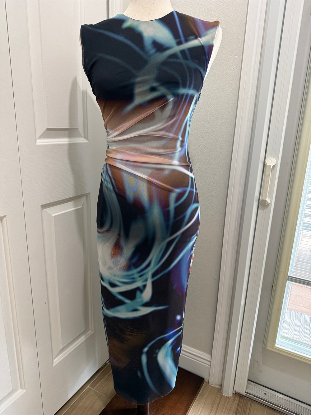 Zara Navy and Teal Abstract-Print Maxi Dress Lined